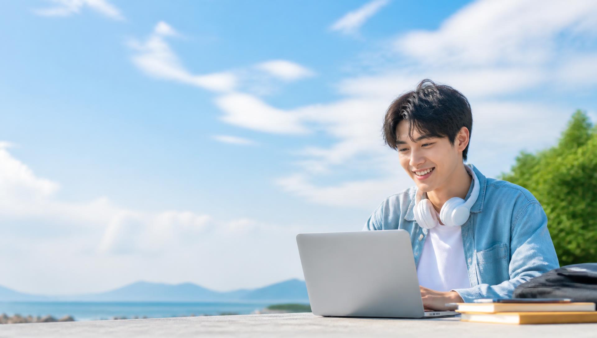 Student learning outdoors with a laptop